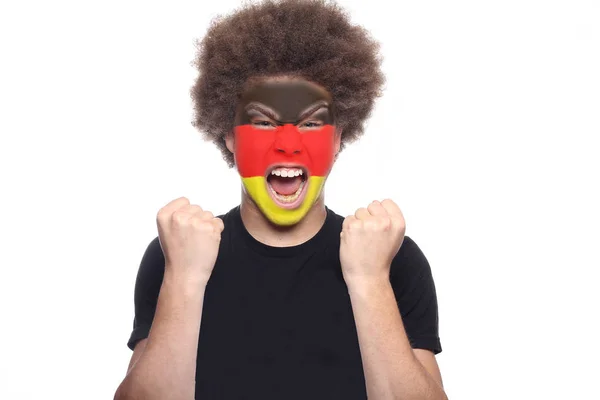 Homem Negro Gritando Com Bandeira Alemanha Seu Rosto — Fotografia de Stock