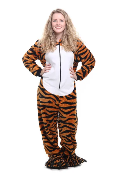 Happy Blonde Girl Tiger Costume — Stock Photo, Image