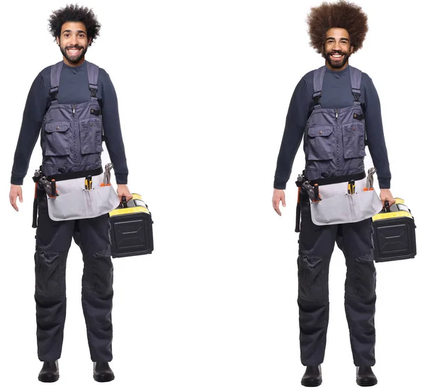 Erkek Işçiler Alet Çantalarını Tutuyor Işçi Üniforması Giyiyor — Stok fotoğraf