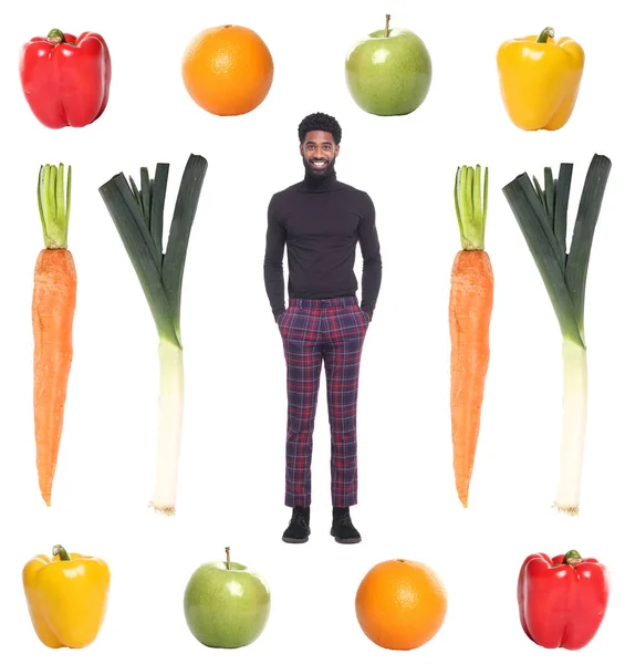 Homme Afro Américain Avec Différents Légumes Fruits — Photo