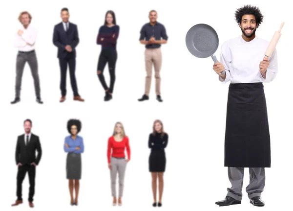 Cocinero Afroamericano Con Diferentes Personas Multiétnicas Fondo — Foto de Stock