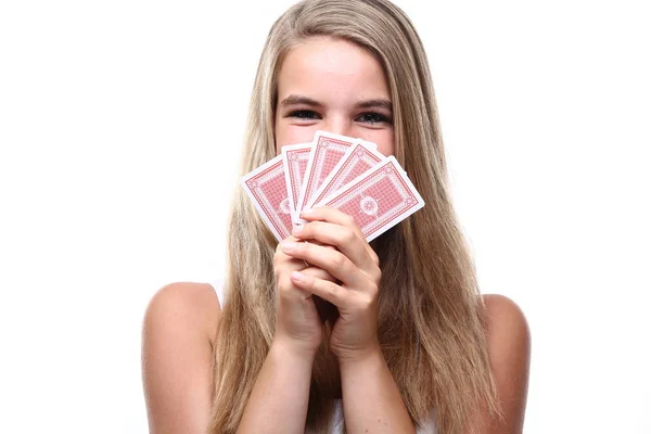 Ragazza Bionda Con Carte Poker — Foto Stock