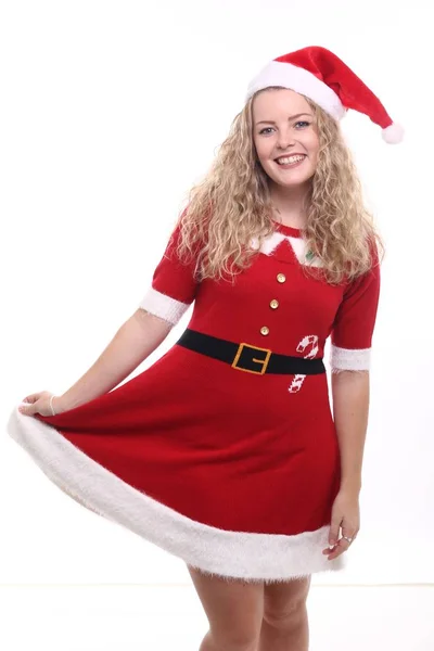 Menina Loira Vestido Natal Chapéu — Fotografia de Stock