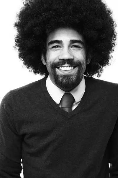 Αφρο Αμερικανικό Άνθρωπος Σγουρά Μαλλιά Μαύρο Και Άσπρο Thone — Φωτογραφία Αρχείου