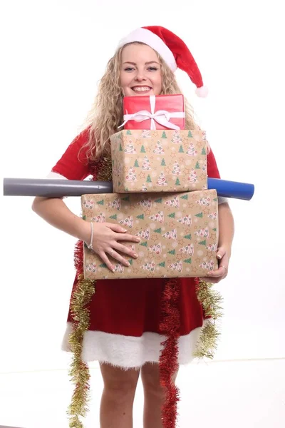 Blondes Mädchen Mit Weihnachtsschachteln — Stockfoto