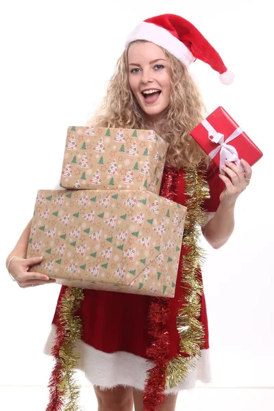 Chica Rubia Con Cajas Navidad —  Fotos de Stock