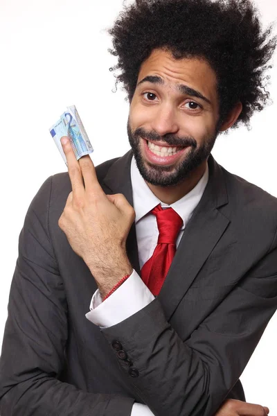 Hombre Negocios Negro Con Billete Euros — Foto de Stock