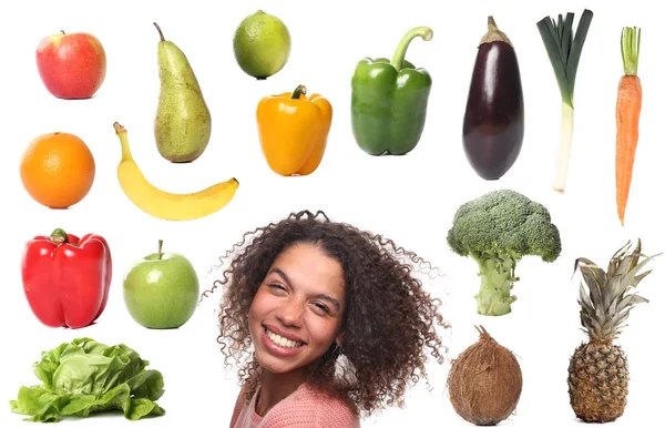Conjunto Diferentes Frutas Verduras Con Mujer Afroamericana —  Fotos de Stock