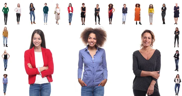 Conjunto Mujeres Multirraciales Diferentes Edades Sobre Fondo Blanco —  Fotos de Stock