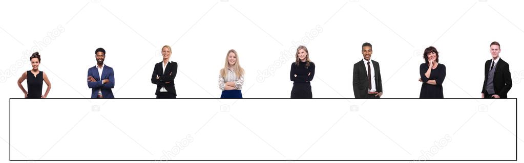 Set of multi-ethnic people with white empty frame for background