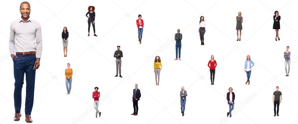 Set of multi-ethnic people is posing on white background