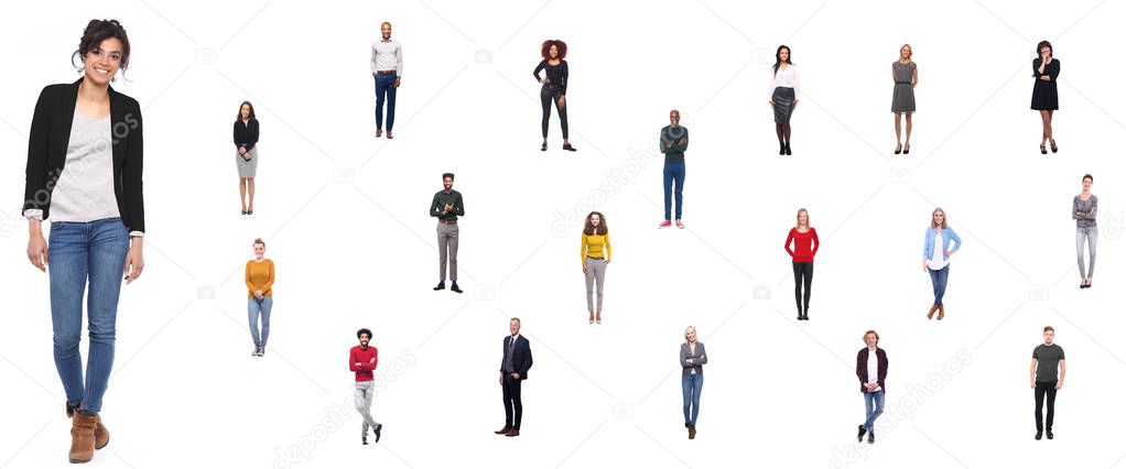 Set of multi-ethnic people is posing on white background