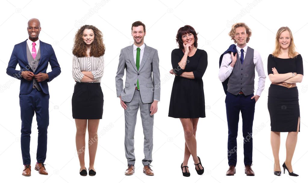 Set of multi-ethnic people is posing on white background