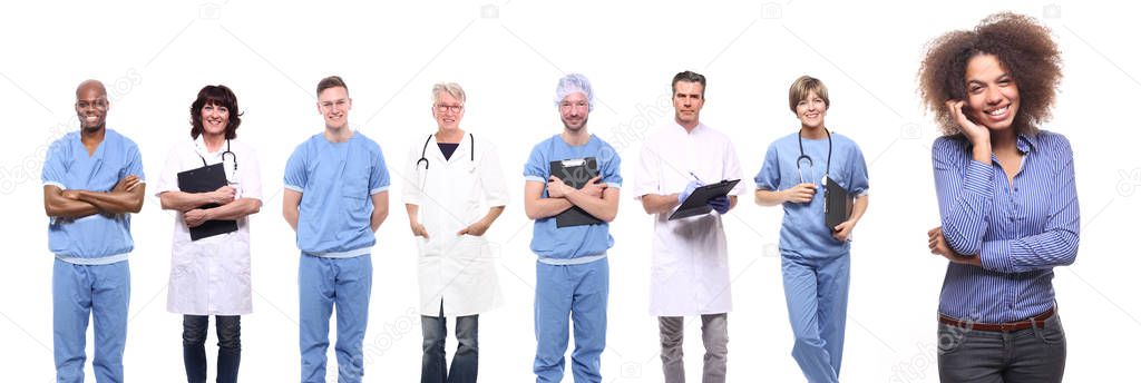 Group of doctors and happy afro-american woman on white background