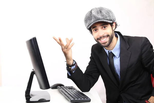 Black Businessman Working Computer — Stock Photo, Image