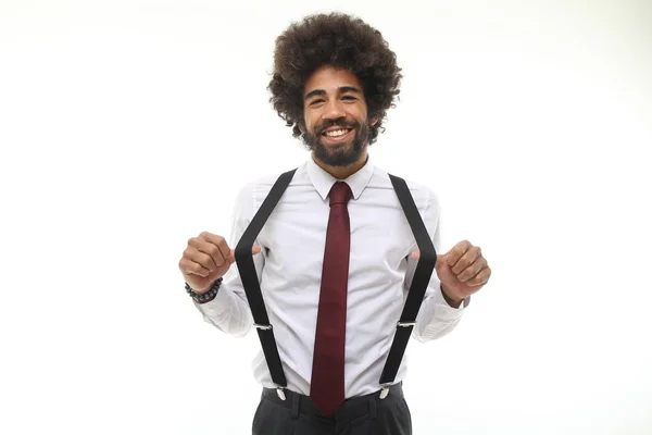 Glücklicher Schwarzer Mann Posiert Auf Weißem Hintergrund — Stockfoto