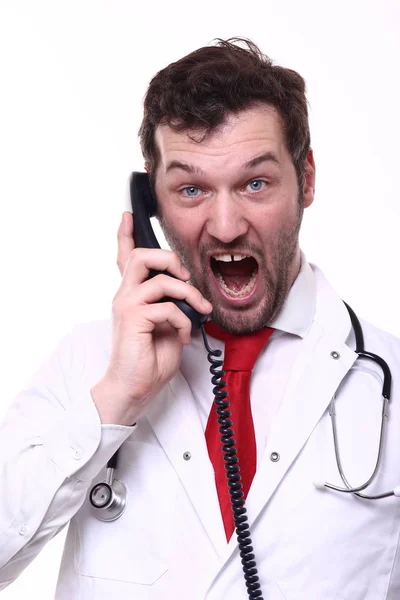 Lékař Nosit Speciální Uniformu Stetoskop Mluví Telefonu — Stock fotografie