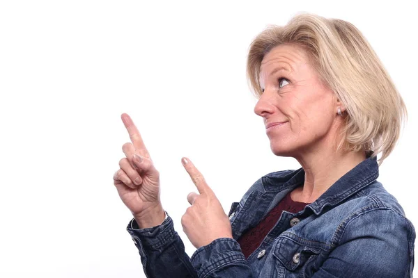 Old Caucasian Woman Pointing Something — Stock Photo, Image