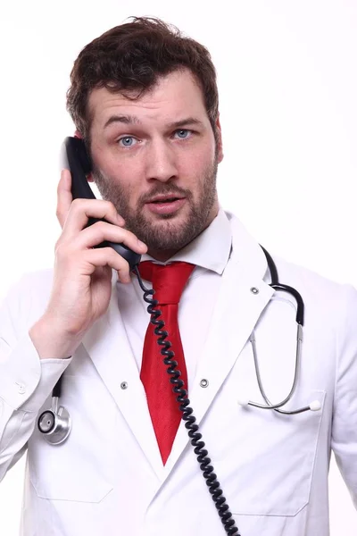 Male Doctor Wearing Special Uniform Stethoscope Talking Telephone — Stock Photo, Image