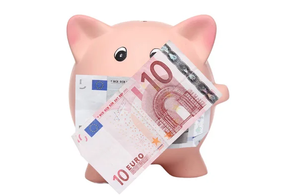 Tirelire Billets Euros Sur Fond Blanc — Photo