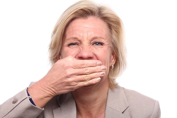 Old Caucasian Woman Covering Her Mouth — Stock Photo, Image
