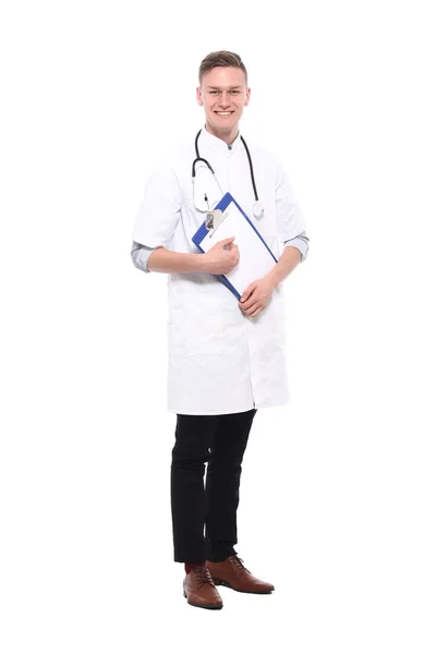 Médico Masculino Vestindo Uniforme Especial Com Estetoscópio Prancheta — Fotografia de Stock