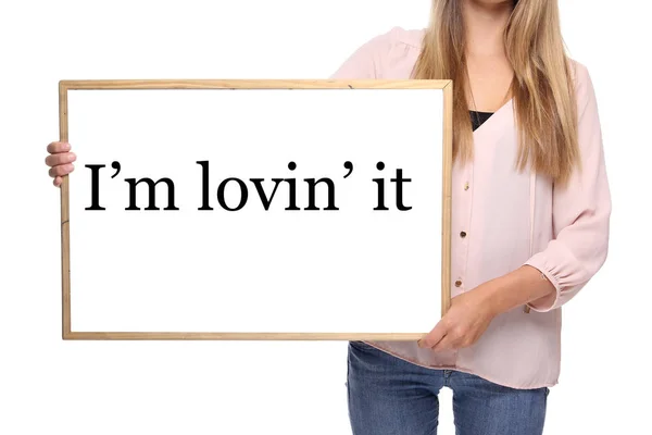 Woman Holding Blackboard Words Lovin — ストック写真