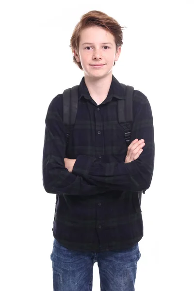 Menino Adolescente Bonito Com Saco Escola — Fotografia de Stock