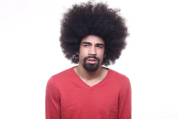 Emotionaler Afro Mann Vor Weißem Hintergrund — Stockfoto