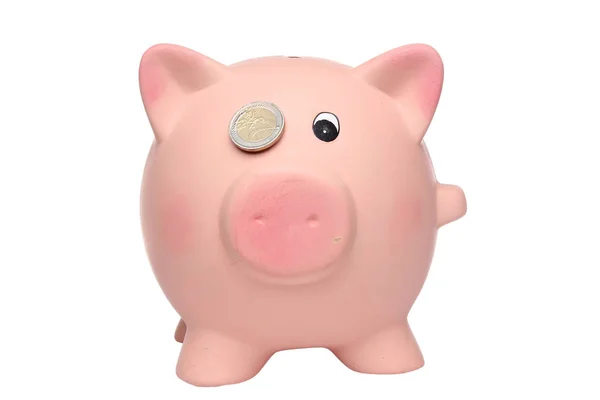 Piggy Bank Euróérmék Fehér Alapon — Stock Fotó