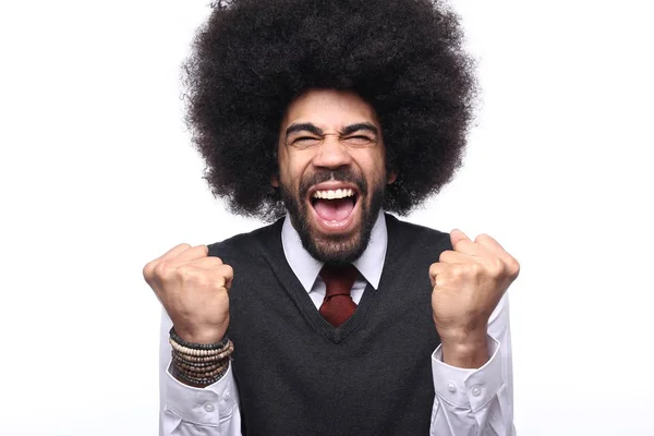 Happy Afro Man Front White Background — Stock Photo, Image