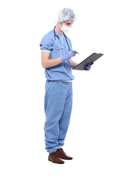 Manliga Läkare Bär Särskild Uniform Med Stetoskop Och Urklipp — Stockfoto
