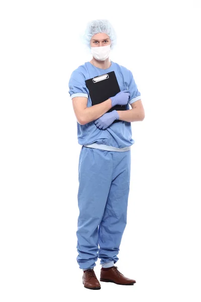 Arzt Trägt Spezielle Uniform Mit Klemmbrett — Stockfoto