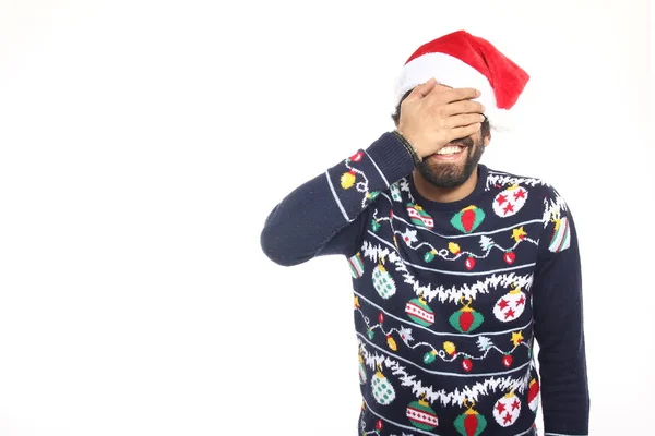 Emotional Black Man Christmas Clothes — Stock Photo, Image