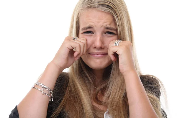 Chica Rubia Llorando Sobre Fondo Blanco —  Fotos de Stock