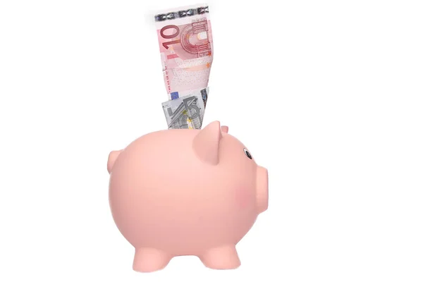 Piggy Bank Euro Banknotes White Background — Stock Photo, Image