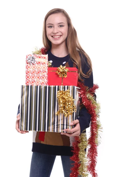 Hermosa Chica Con Regalos Vacaciones — Foto de Stock