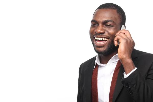 Homem Negócios Preto Falando Telefone Móvel — Fotografia de Stock