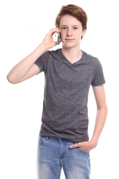 Caucasiano Adolescente Menino Está Falando Telefone Móvel — Fotografia de Stock