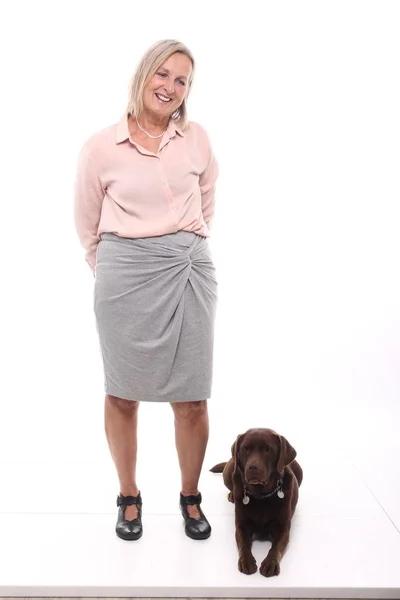 Blohde Woman Posing Dog White Background — Stock Photo, Image