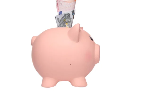 Banco Piggy Notas Euro Sobre Fundo Branco — Fotografia de Stock