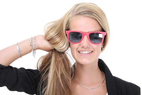 Blondes Mädchen Mit Brille Auf Weißem Hintergrund — Stockfoto