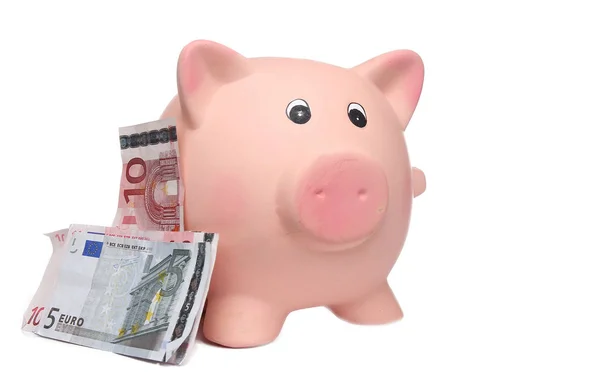 Piggy Bank Euro Banknotes White Background — Stock Photo, Image