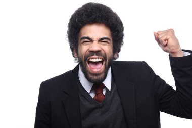 Beyaz arka plan üzerinde poz duygusal siyah işadamı