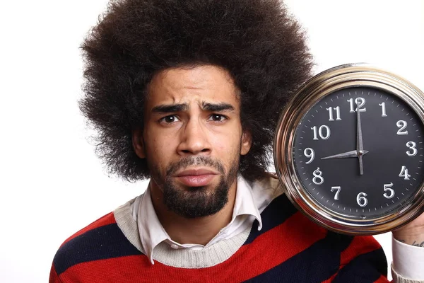 Triste Hombre Negro Con Reloj Grande — Foto de Stock