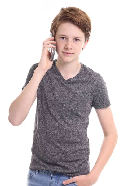 Caucasiano Adolescente Menino Está Falando Telefone Móvel — Fotografia de Stock