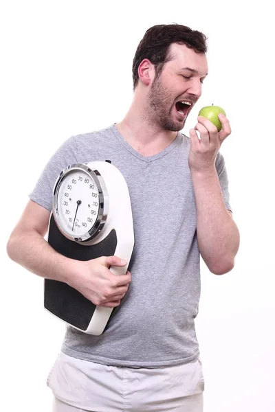 Hombre Caucásico Con Escala Peso Manzana —  Fotos de Stock