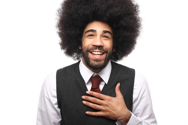Følelsesmæssig Afro Mand Foran Hvid Baggrund - Stock-foto