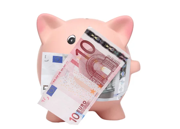 Tirelire Billets Euros Sur Fond Blanc — Photo