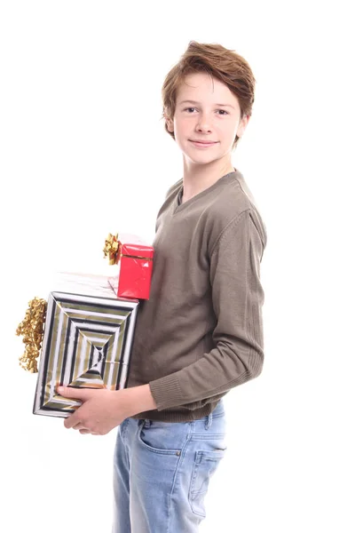 Menino Adolescente Bonito Com Presentes Natal — Fotografia de Stock